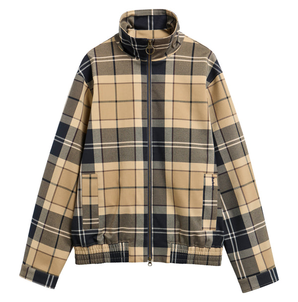 Barbour Tartan Showerproof Blouson Jacket in beige, black, and white tartan pattern, flat lay on white background.