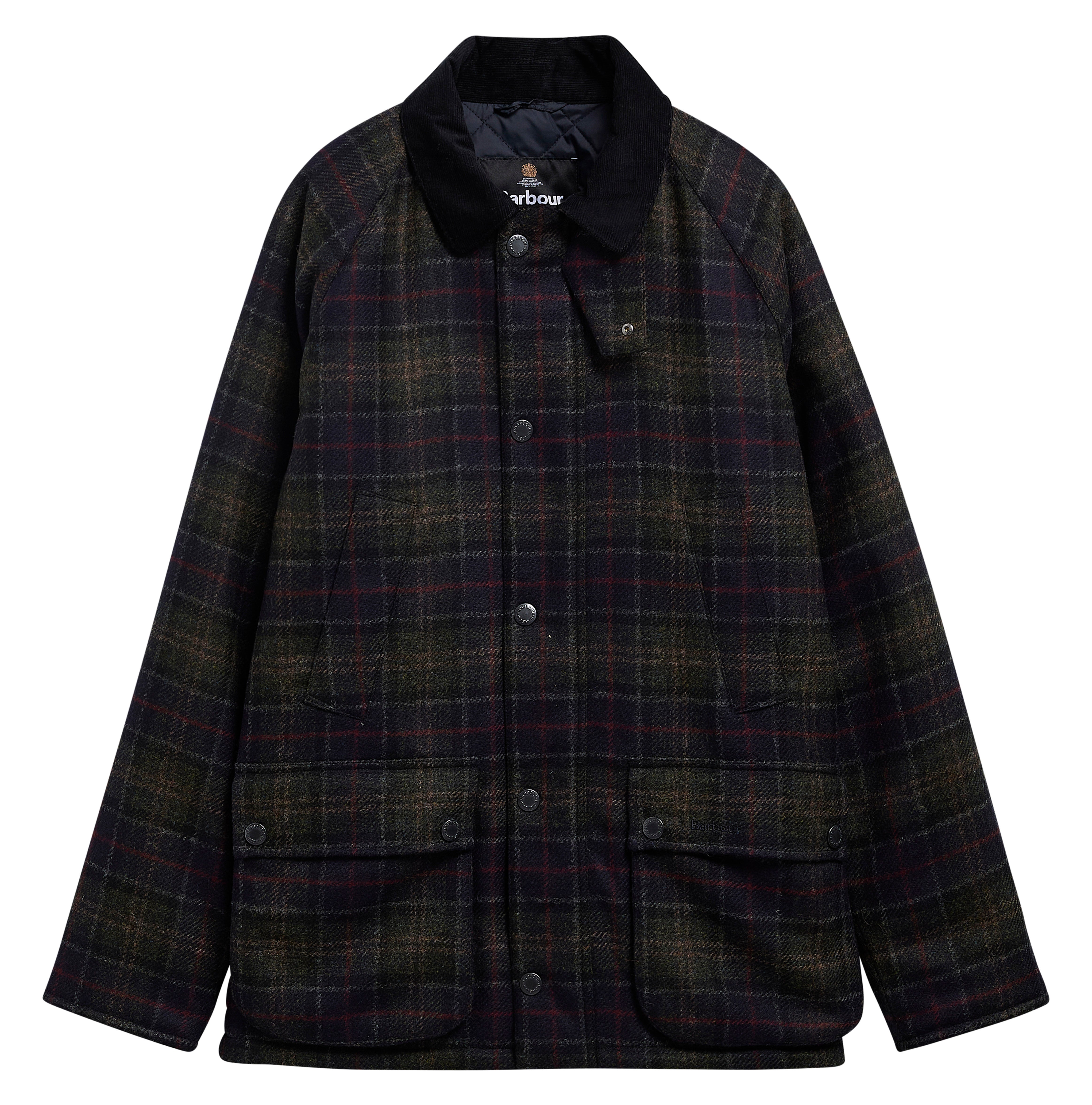 Barbour Tartan Bedale Wool Jacket in Shadow Classic Tartan, flat lay — corduroy collar, gunmetal snap-front closure, and lower bellow pockets.