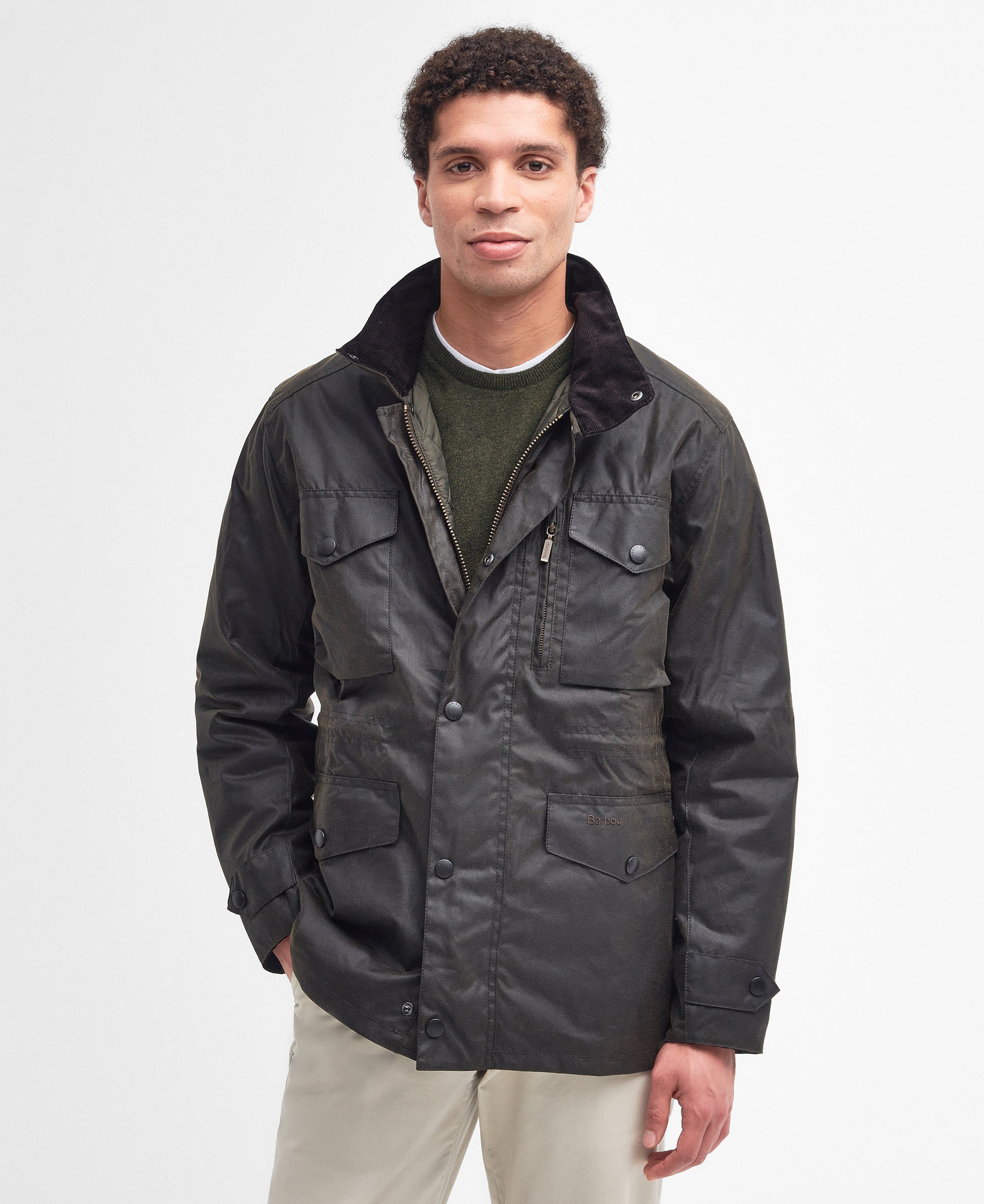 Barbour Sapper Wax Jacket, front view in olive waxed cotton.