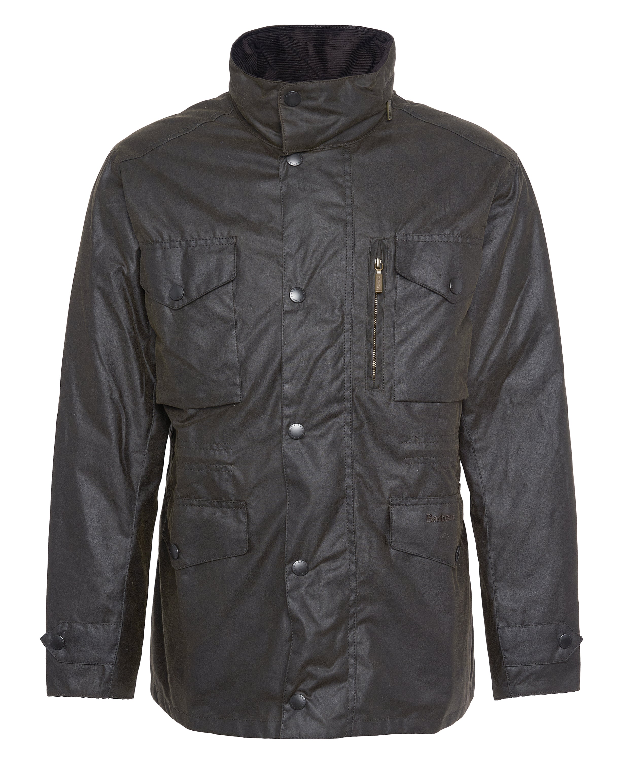Barbour Sapper Wax Jacket in olive green, flat lay on white background.