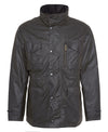 Barbour Sapper Wax Jacket in olive green, flat lay on white background.