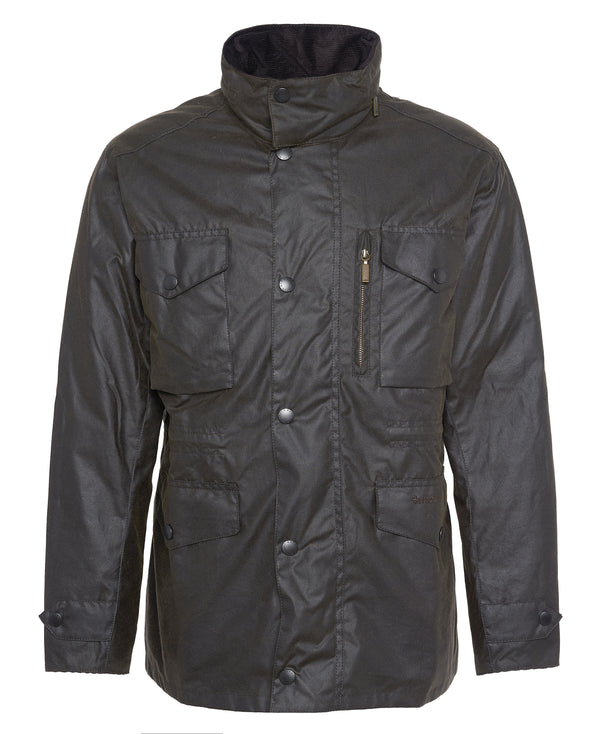 Barbour Sapper Wax Jacket in olive green, flat lay on white background.