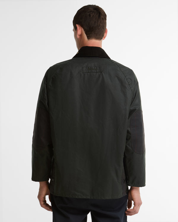 Rear view of the Barbour Icons Patch Bedale Wax Jacket in sage green waxed cotton, showing the corduroy collar and Barbour back patch.