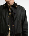 Close-up of the Barbour Icons Patch Bedale Wax Jacket open-zip front, showing the brass Barbour zipper pull, gold press studs, corduroy collar, and chest pocket.