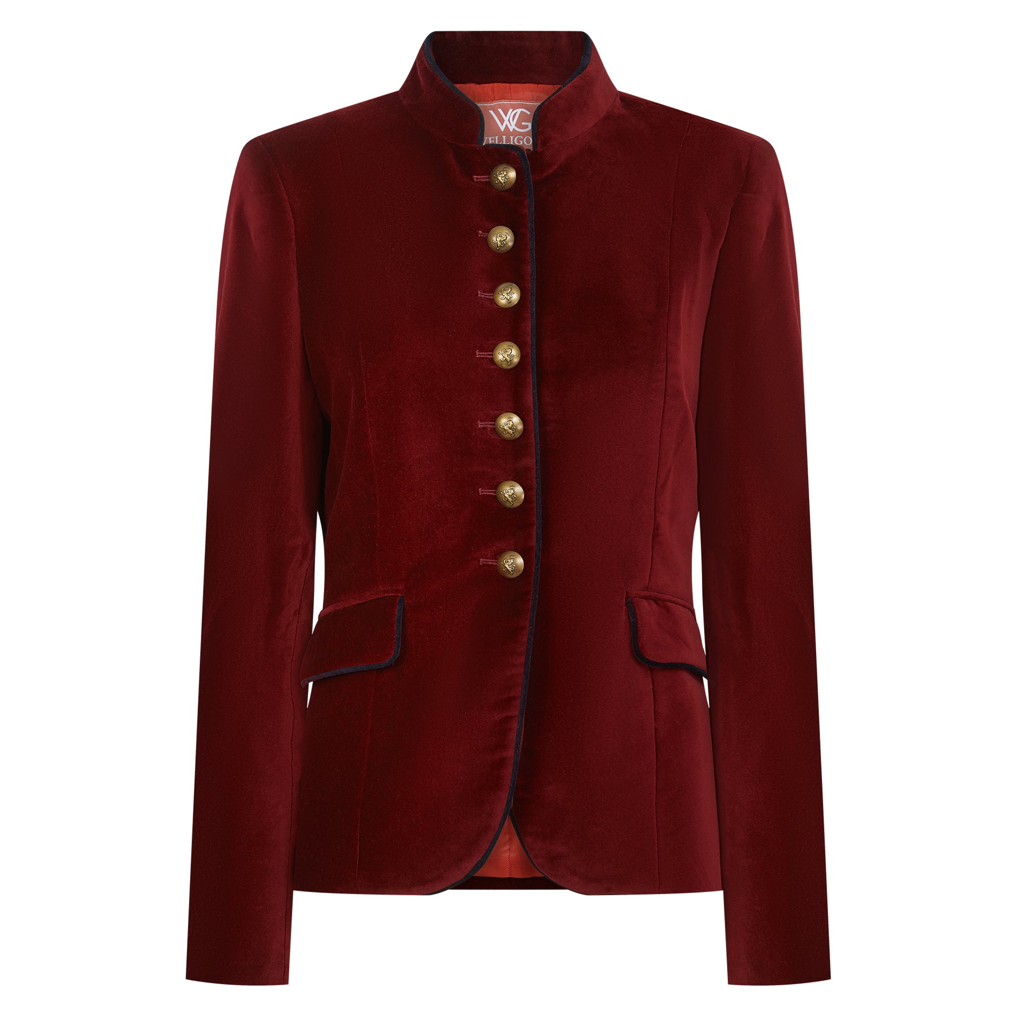 Red velvet jacket with gold buttons on a white background