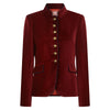 Red velvet jacket with gold buttons on a white background