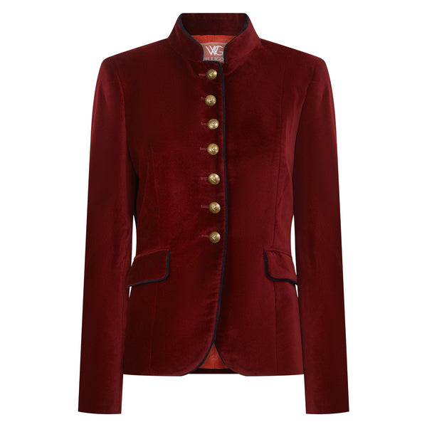Red velvet jacket with gold buttons on a white background