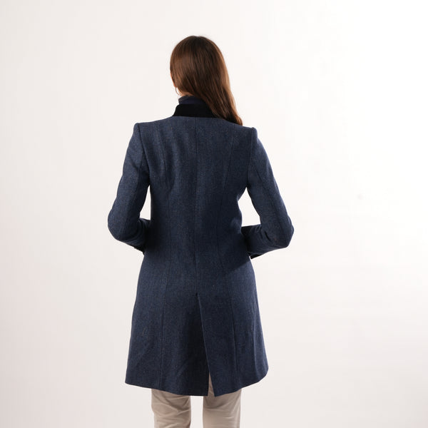 Oxford Navy Coat by Welligogs, back view showing shaped seams and a center vent.

