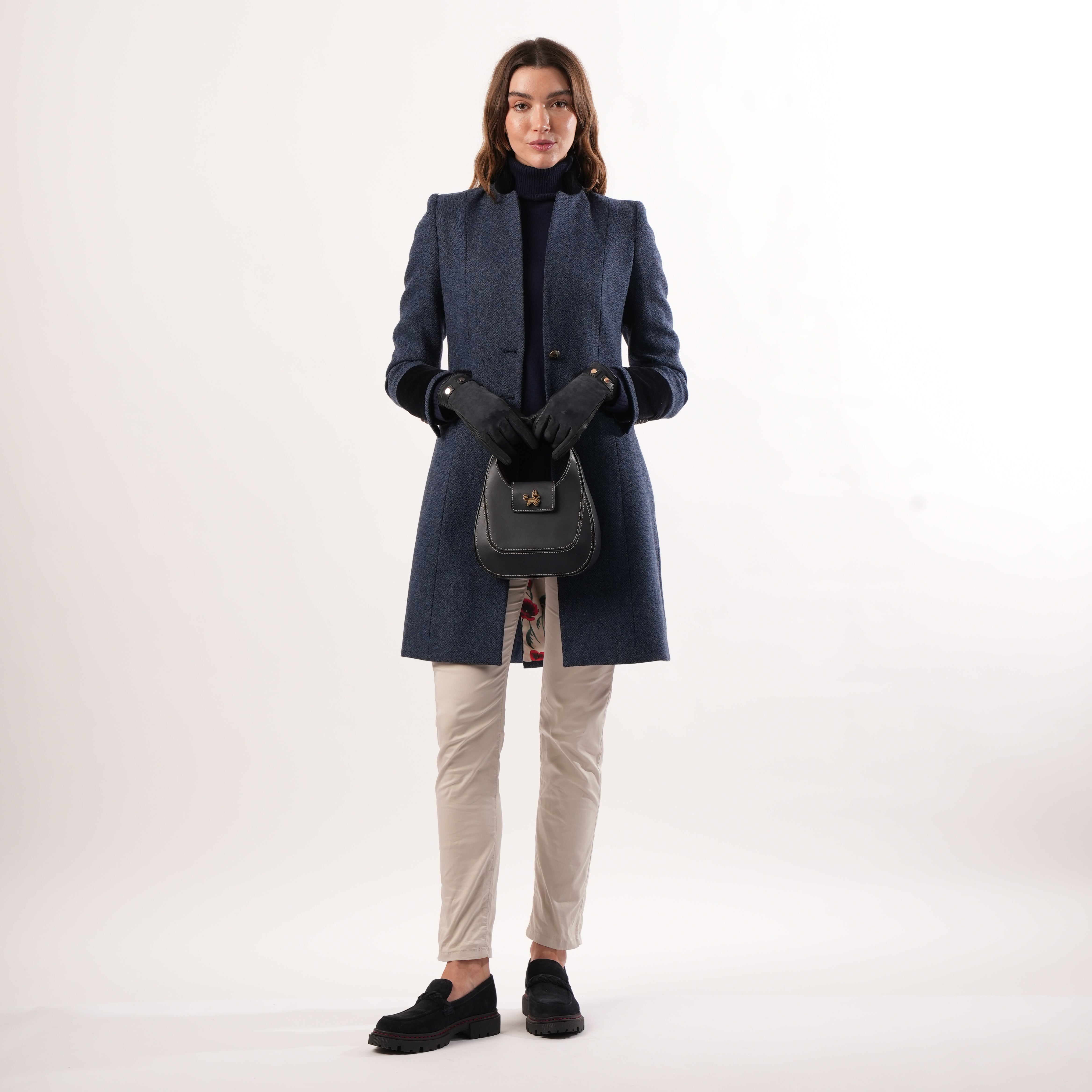 Oxford Navy Coat by Welligogs, full-length front view showing the tailored waist and contrast cuffs.