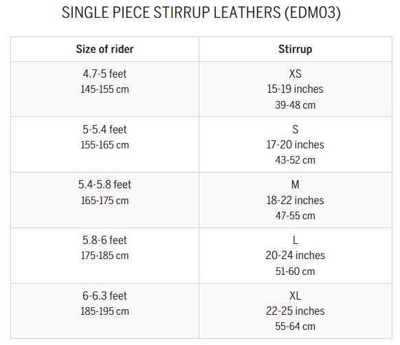 Chart detailing single piece stirrup leathers with size chart for riders.