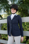 Grand Prix Ladies EQJ 3 Button Show Coat, Navy with Cadet Blue Collar