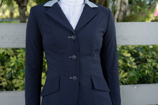 Grand Prix Ladies EQJ 3 Button Show Coat, Navy with Cadet Blue Collar
