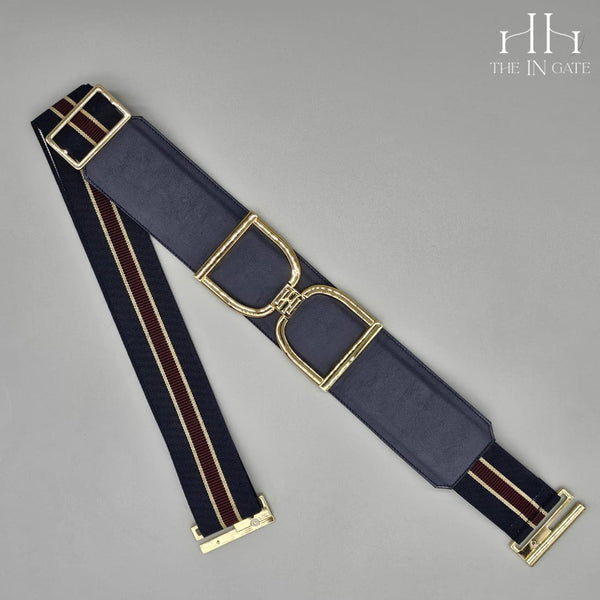Icon Belt: Gold Stirrup Buckle on Navy Leather With Navy, Tan, & Burgundy Stripe Elastic - The In Gate