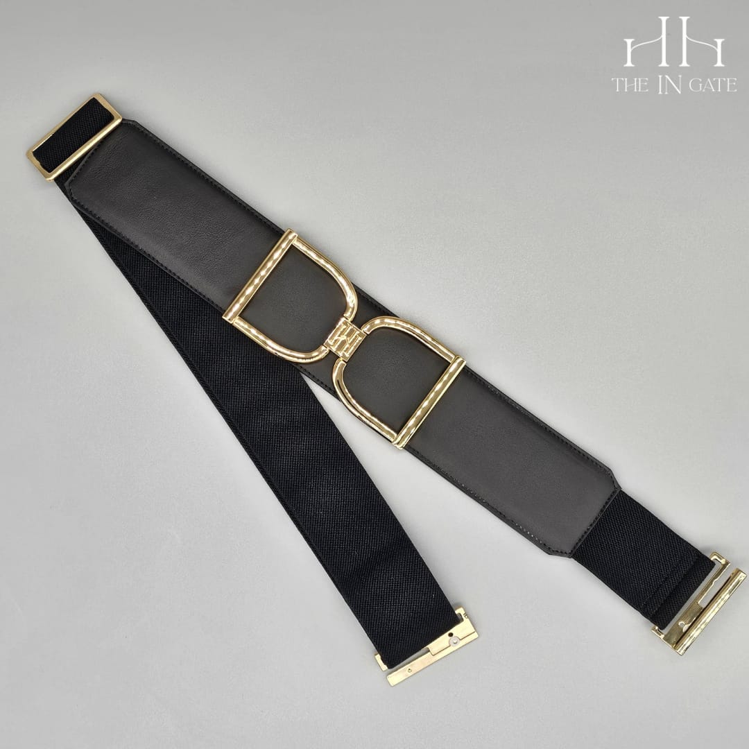Icon Belt: Gold Stirrup Buckle on Black Leather with Black Elastic - The In Gate