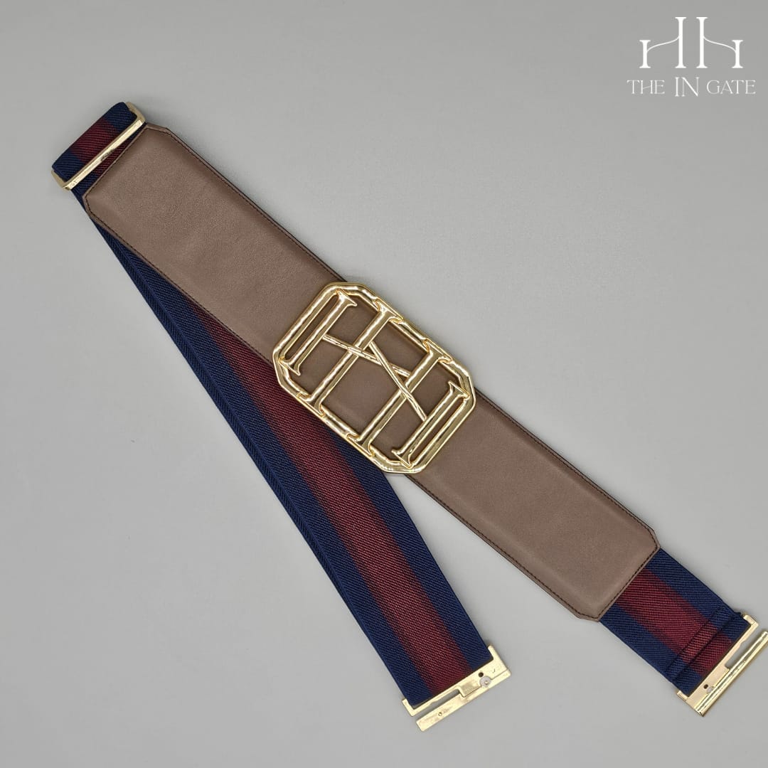 Icon Belt: Gold Classic Buckle on Carrob Brown Leather with Navy & Two-Tone Burgundy Tripe Elastic - The In Gate
