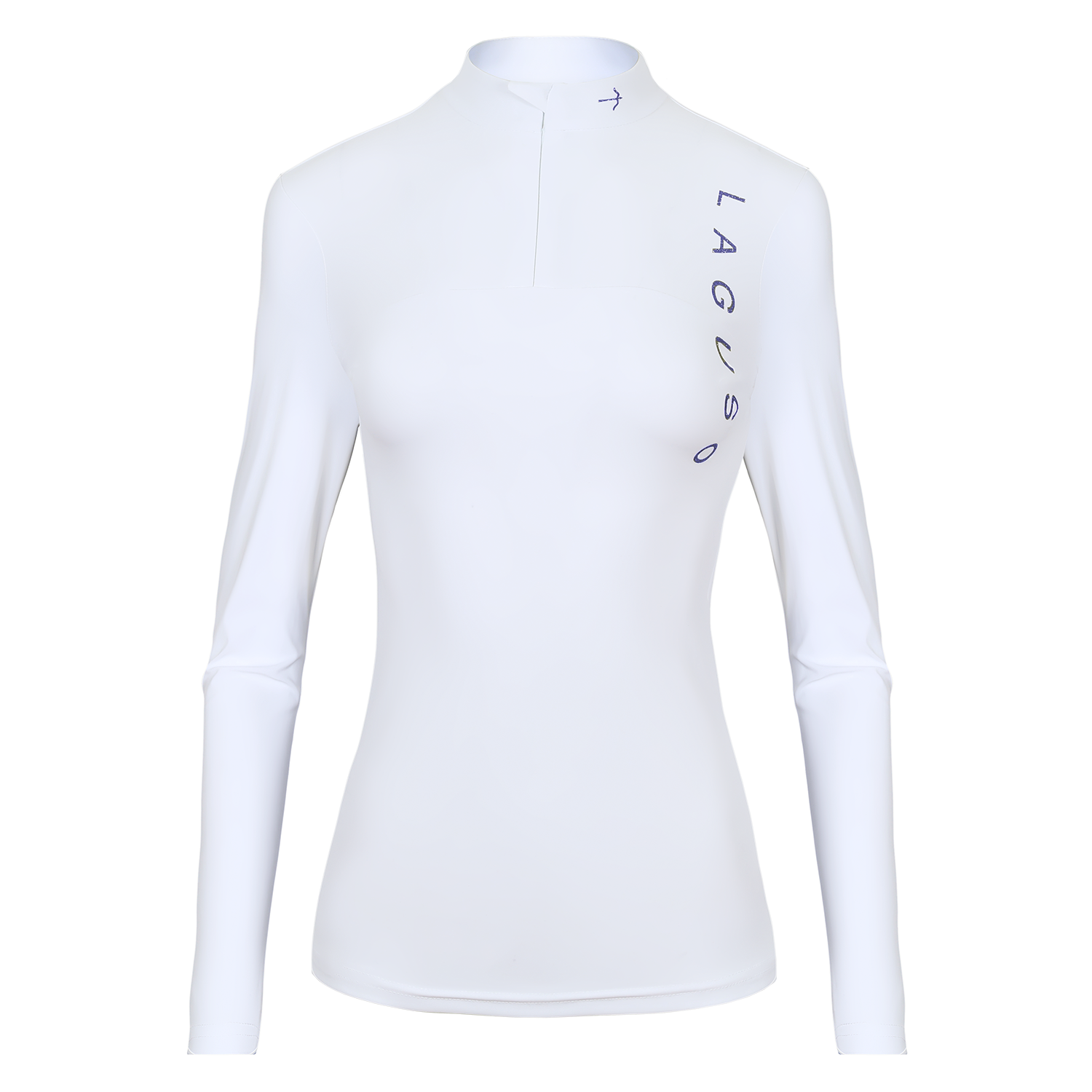 A white long-sleeve athletic top with a mock neck and half-zip front, featuring the brand name 'LAGUSO' printed vertically in blue on the left chest, displayed on a clean white background.