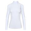 A white long-sleeve athletic top with a mock neck and half-zip front, featuring the brand name 'LAGUSO' printed vertically in blue on the left chest, displayed on a clean white background.