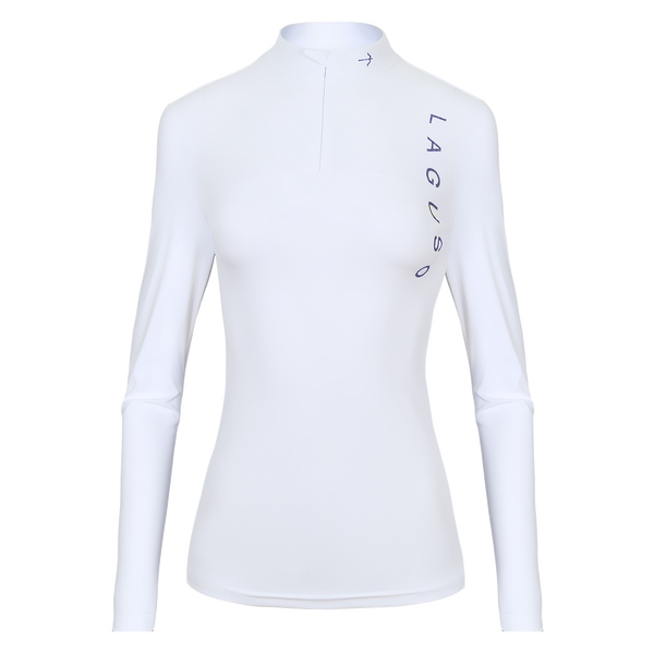 A white long-sleeve athletic top with a mock neck and half-zip front, featuring the brand name 'LAGUSO' printed vertically in blue on the left chest, displayed on a clean white background.