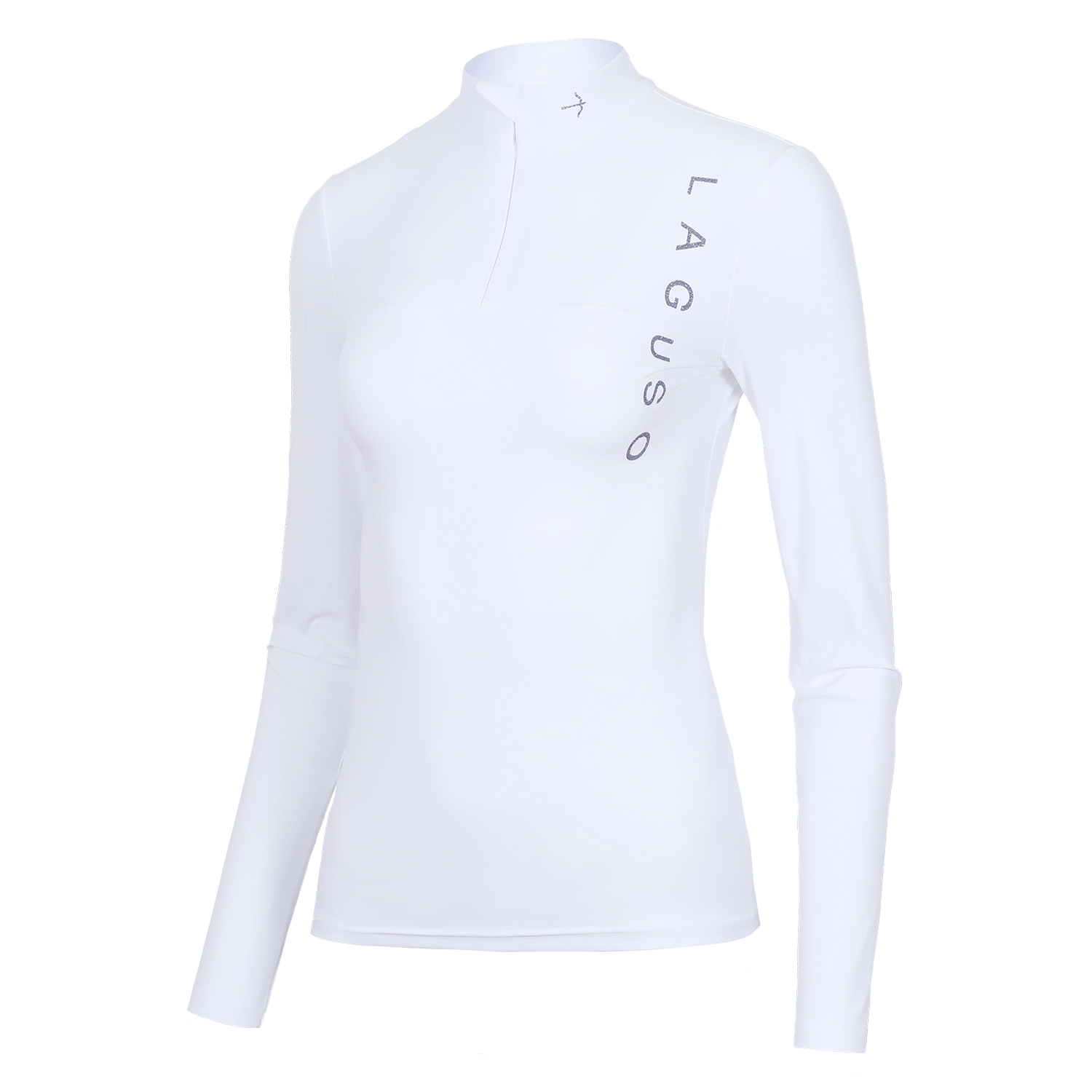 A white long-sleeve athletic top with a mock neck and a vertical 'LAGUSO' brand logo printed in gray on the left chest, shown on a plain white background.