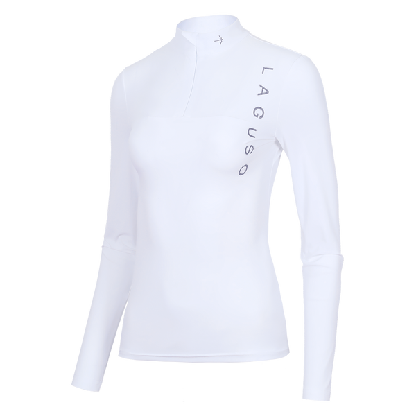 A white long-sleeve athletic top with a mock neck and a vertical 'LAGUSO' brand logo printed in gray on the left chest, shown on a plain white background.