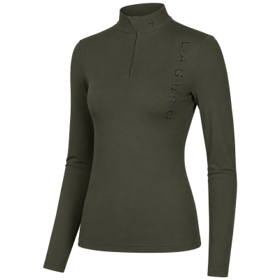 An olive green long-sleeve mock neck shirt with a quarter-zip collar and vertical 'LAGUSO' branding on the left side of the chest, shown on a plain white background.