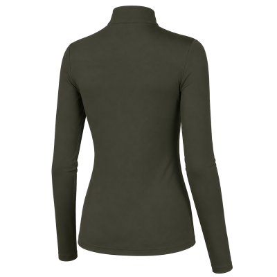 A women's long-sleeve mock neck top in olive green, shown from the back on a plain white background.