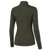 A women's long-sleeve mock neck top in olive green, shown from the back on a plain white background.