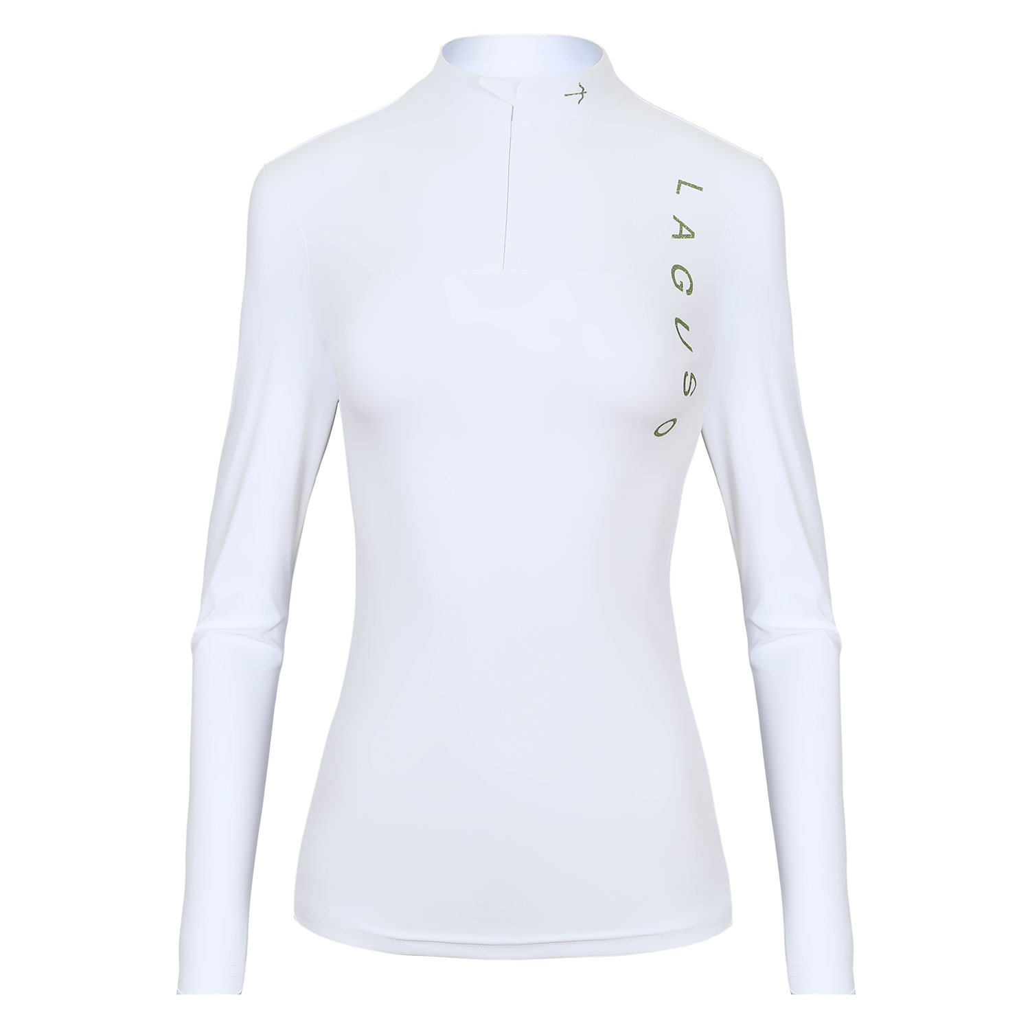 A white long-sleeve athletic top with a mock neck and half-zip front, featuring the brand name 'LAGUSO' printed vertically in olive green on the left chest, shown on a plain white background.