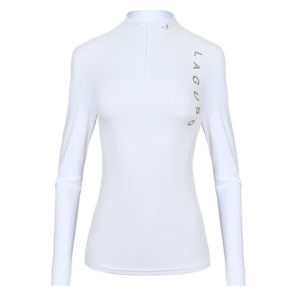 A white long-sleeve athletic top with a mock neck and half-zip front, featuring the brand name 'LAGUSO' printed vertically in olive green on the left chest, shown on a plain white background.