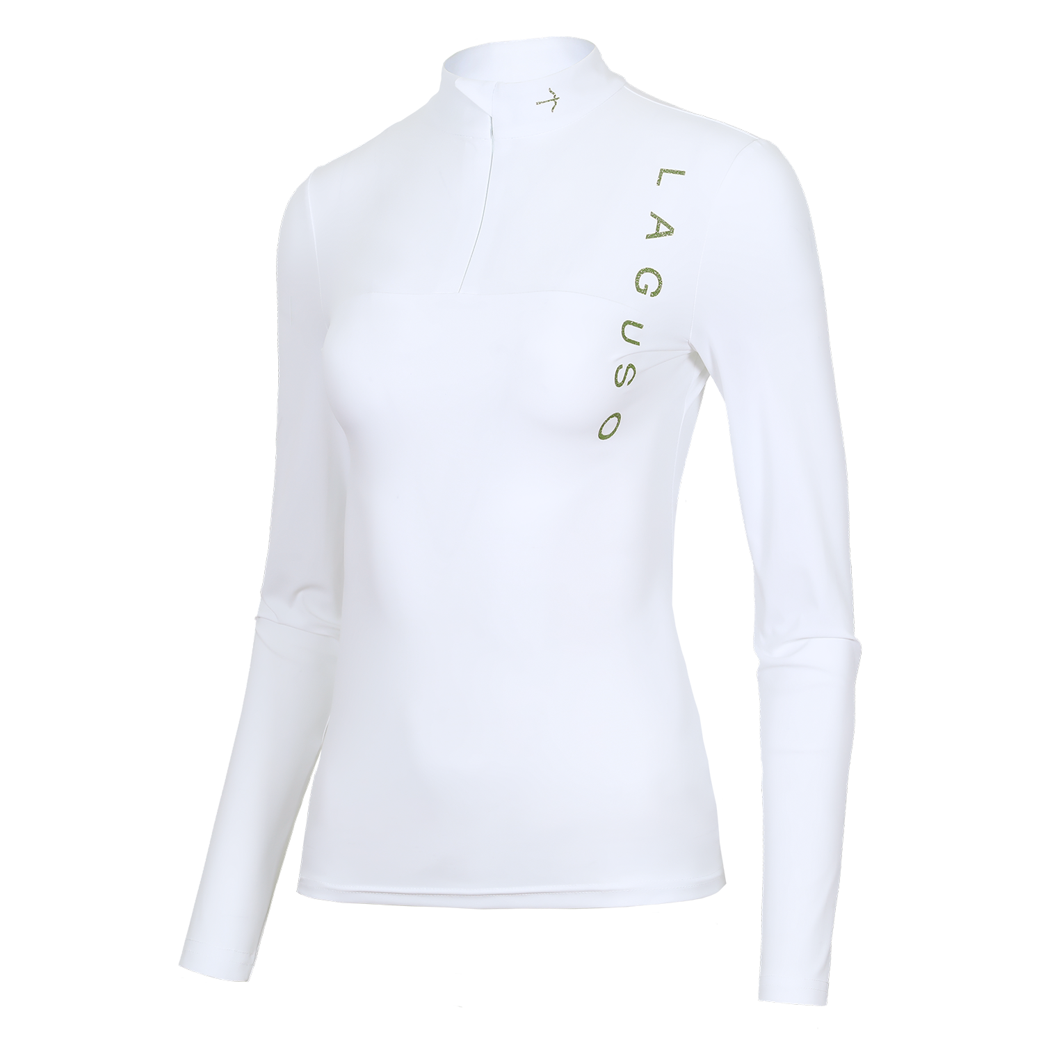A white long-sleeve athletic top with a mock neck and a vertical green 'LAGUSO' logo printed on the chest, shown on a clean white background.