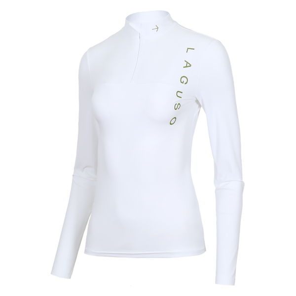 A white long-sleeve athletic top with a mock neck and a vertical green 'LAGUSO' logo printed on the chest, shown on a clean white background.