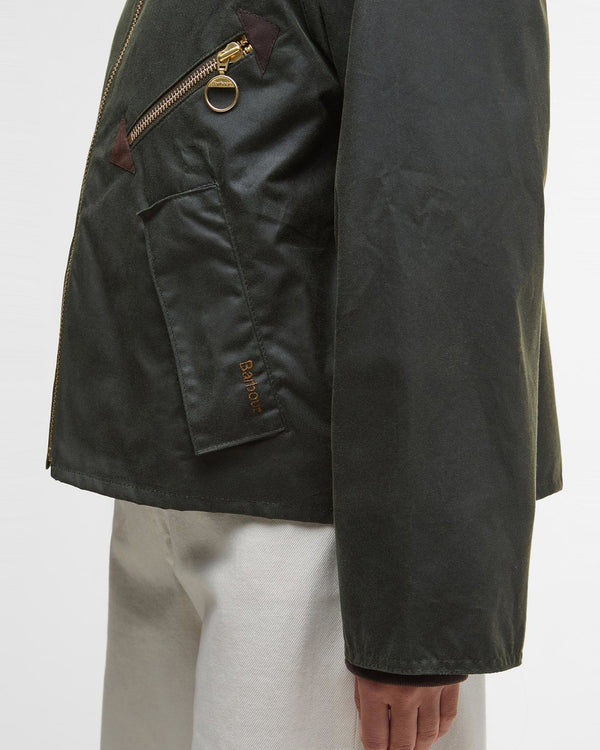 Dark green jacket with a gold zipper and brand logo on a white background