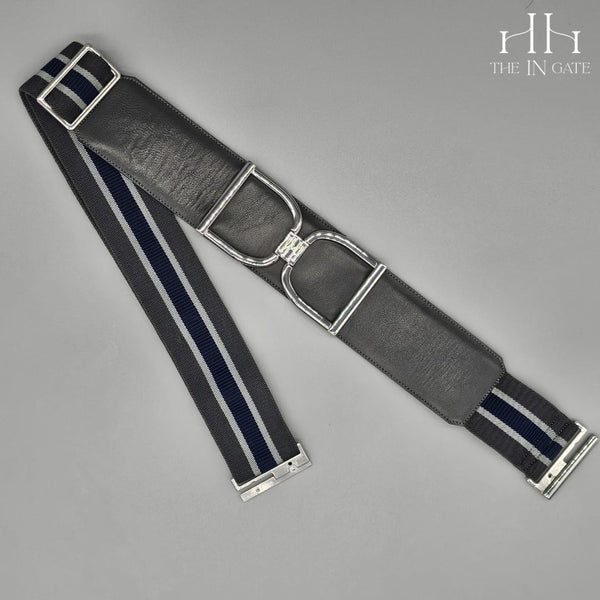 Icon Belt: Silver Stirrup Buckle on Graphite Leather with Grey, Silver, & Navy Stripe Elastic - The In Gate