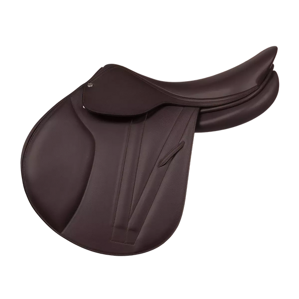 Brown leather saddle on a white background