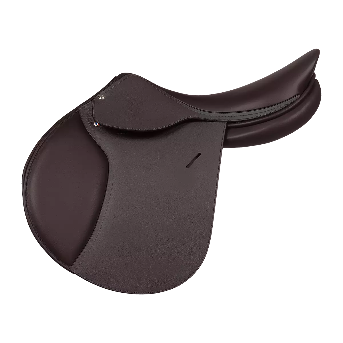 Brown leather saddle on a white background