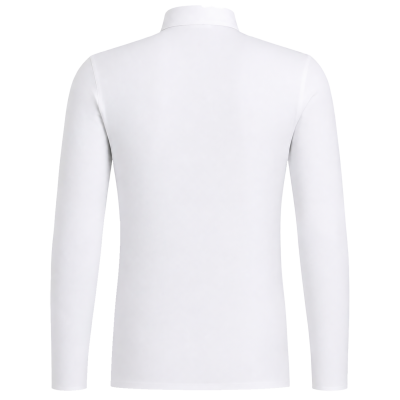 A white long-sleeve shirt shown from the back, displayed on an invisible mannequin against a solid white background.