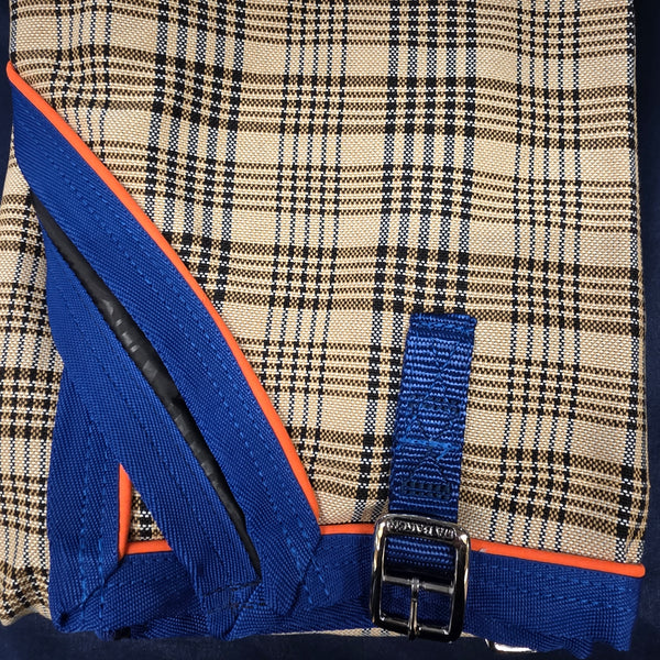 Baker Stable Sheet – Custom. Size 64, Royal Blue trim, Orange piping, Nylon lined shoulders