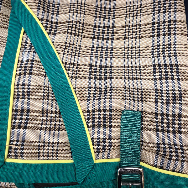 Baker Stable Sheet – Custom. Size 80, Green trim, Yellow piping, Nylon lined shoulders